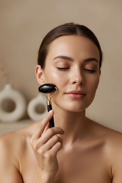 Woman using black face roller on cheek