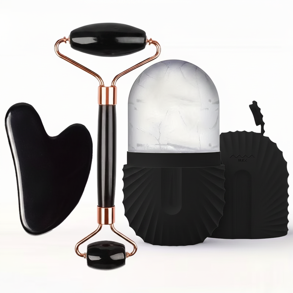3-piece facial tools set in black - face roller, gua sha and ice roller