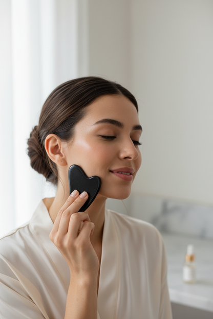 Woman using black gua sha stone on jawline