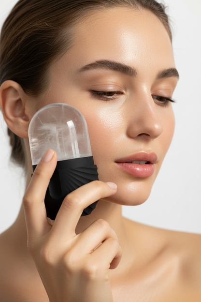 Woman using clear ice globe in black silicone holder on cheek